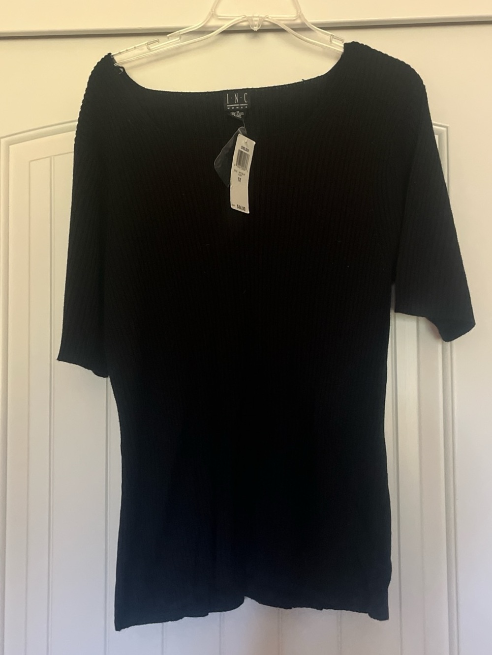 INC International Concepts Black Ribbed Short-Sleeve Scoop Neck Top